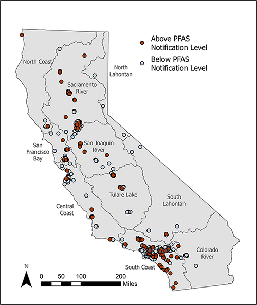 This image illustrates how PFAS are detected above notification levels throughout the entire state.