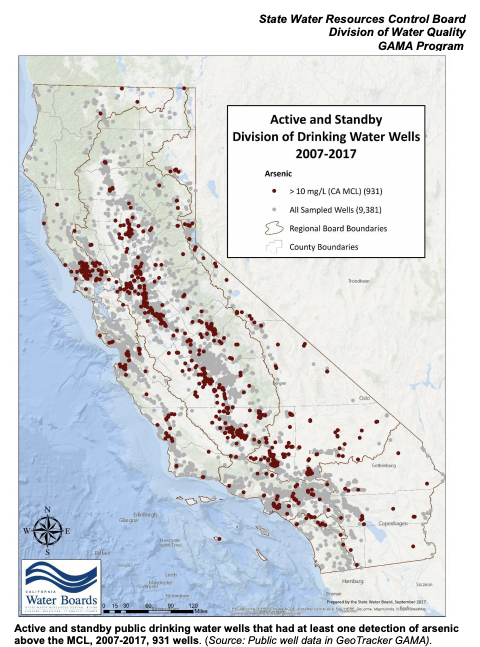 This image illustrates how public drinking water wells across the entire state have had at least one detection of arsenic above the Maximum Contaminant Level.