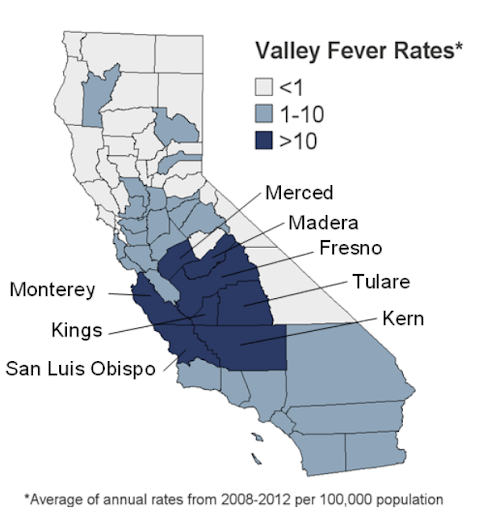 Map showing the rates of Valley Fever in California where the highest rates appear to be in the Central and Southern parts of the state.